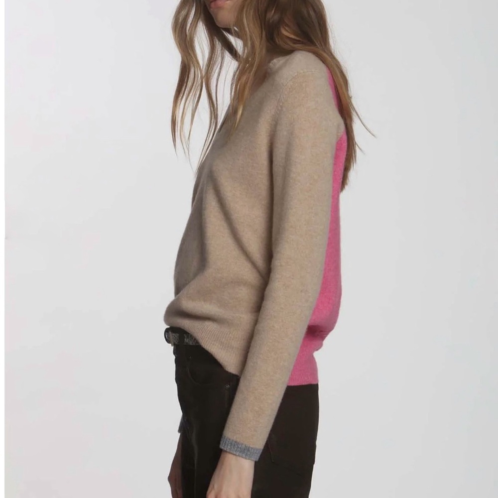 Label + Thread Wool Cashmere V-neck Colorblock Sweater Tan Pink Size‎ Small - Picture 3 of 13